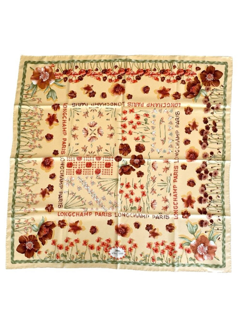 Vintage Longchamp Paris Silk Scarf Floral Botanical Patchwork Print 34" Italy